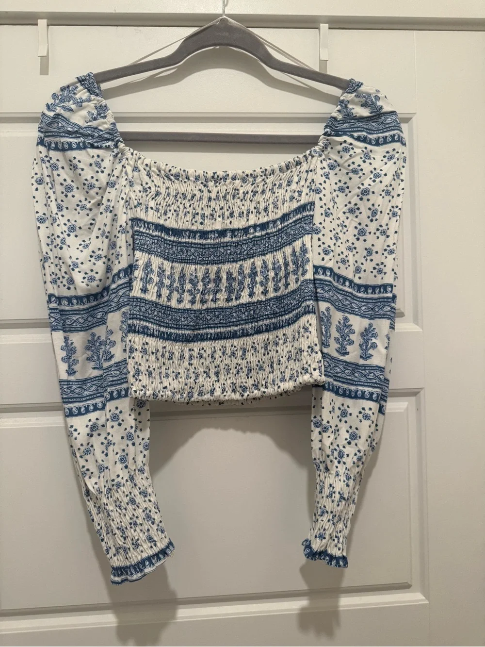 Zara Blue and White Smocked Floral Crop Top with Puff Sleeves